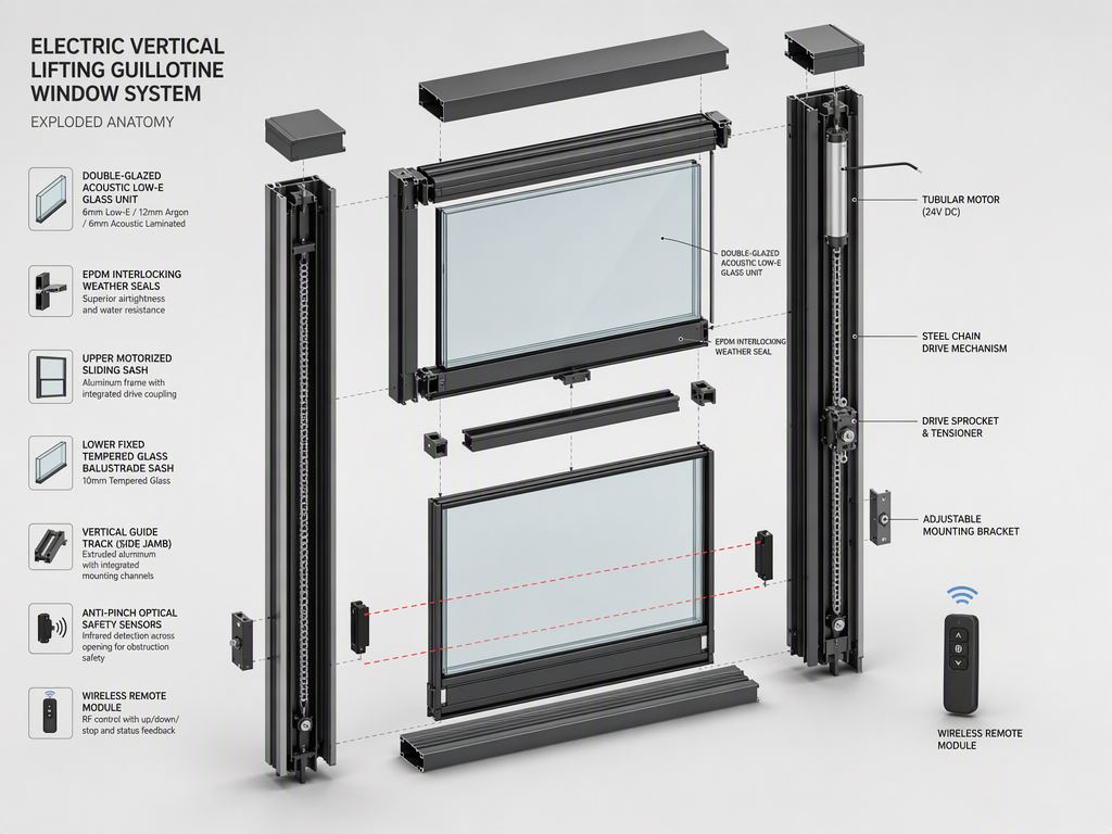 Exploded mechanical anatomy of motorized vertical telescopic guillotine glass window
