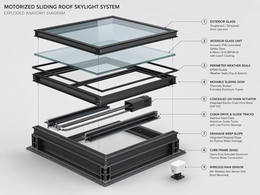 Custom Hexagonal / Round Circular Architectur - Motorized Skylight Exploded Component Anatomy