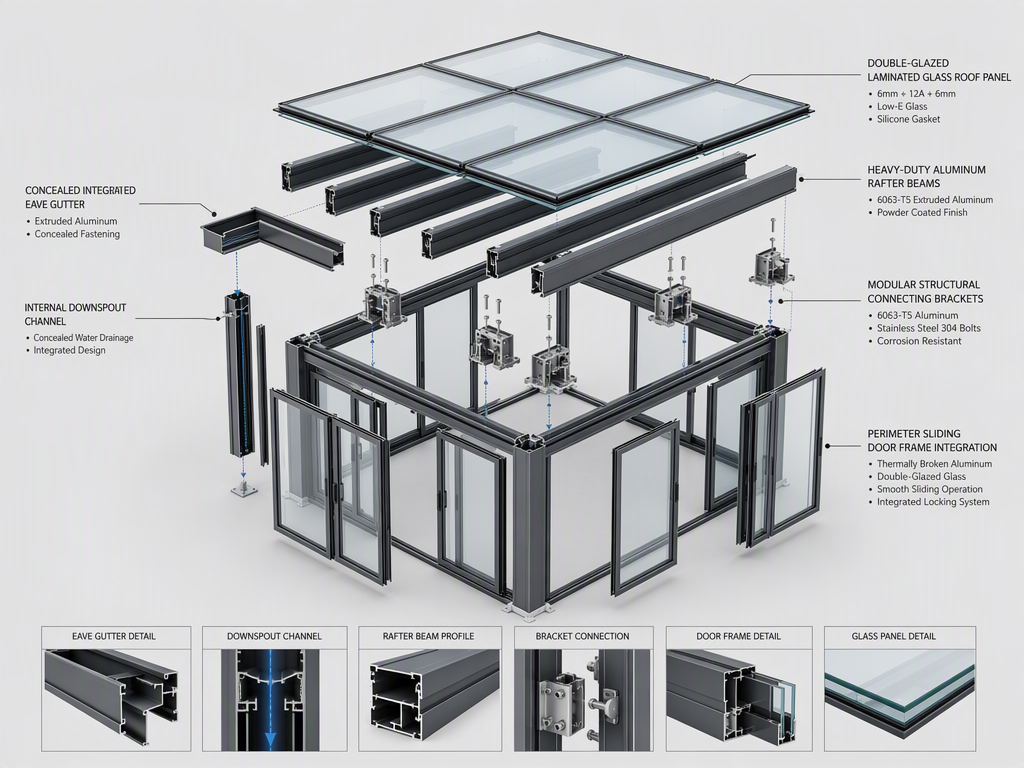 Low-E Solar Control Insulated Glass Sunroom R - Modular Sunroom Structural Exploded Anatomy
