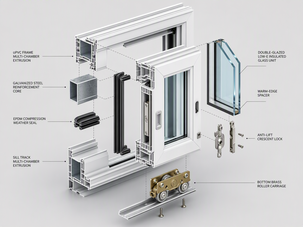 Secure UPVC Sliding Window - uPVC Multi-Chamber Exploded Component Anatomy