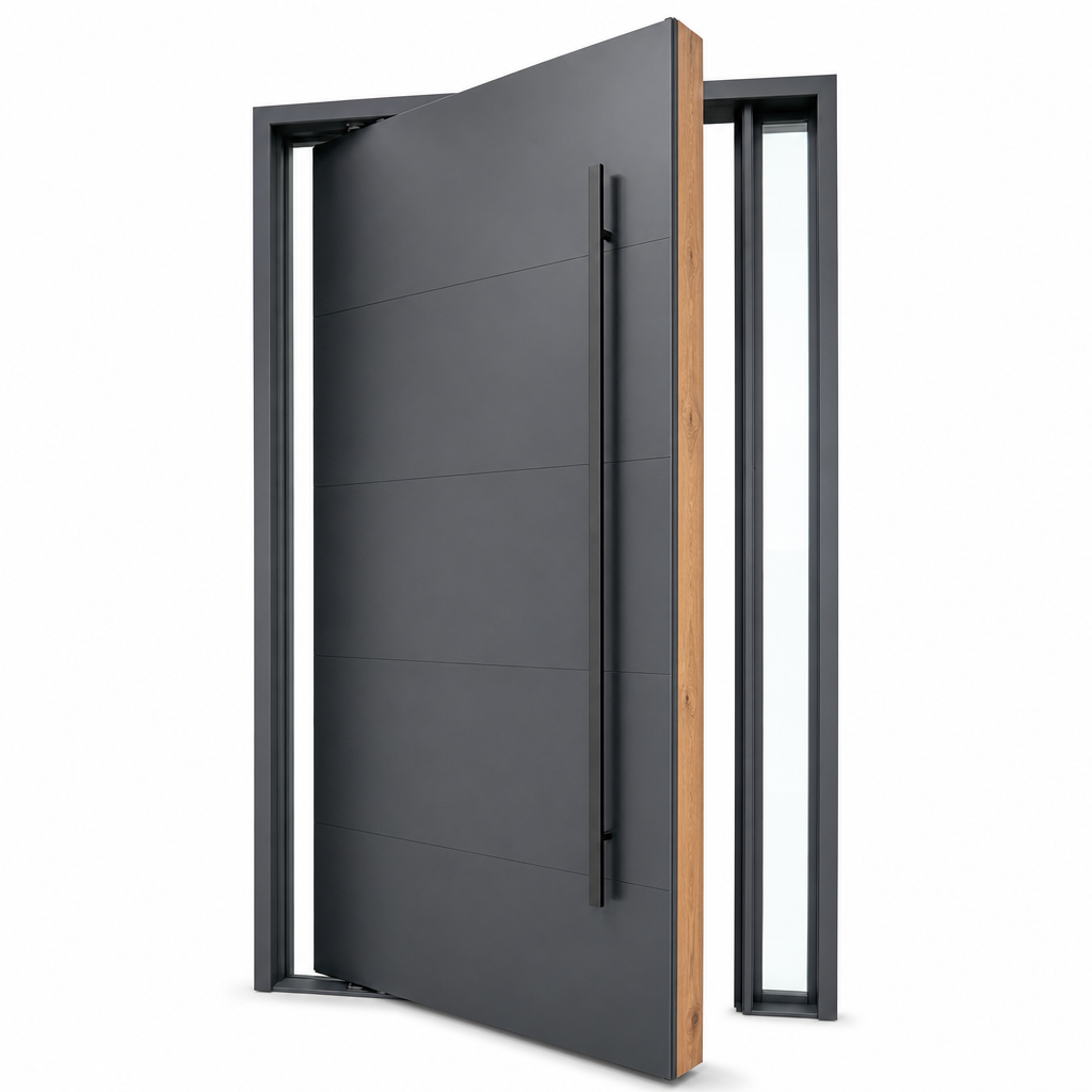 Monumental architectural pivot entrance door with concealed heavy-duty hydraulic floor hinge
